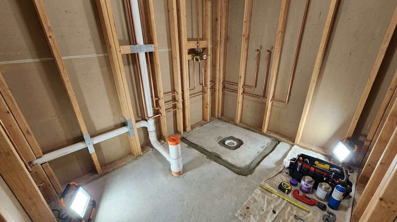 Bathroom rough-in plumbing during remodel by Johns Plumbing LLC in Lake Crystal