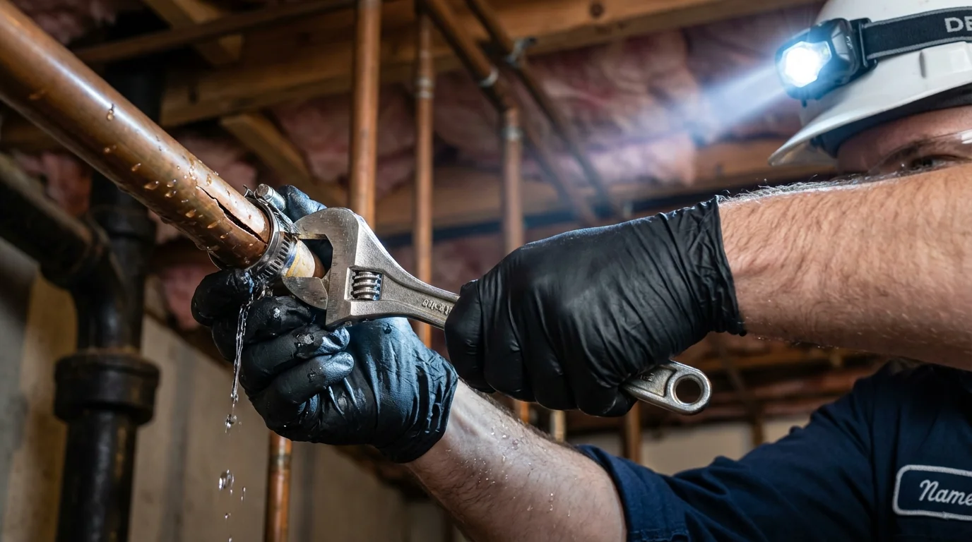 Emergency pipe clamp repair being performed by a Johns Plumbing LLC plumber in Lake Crystal