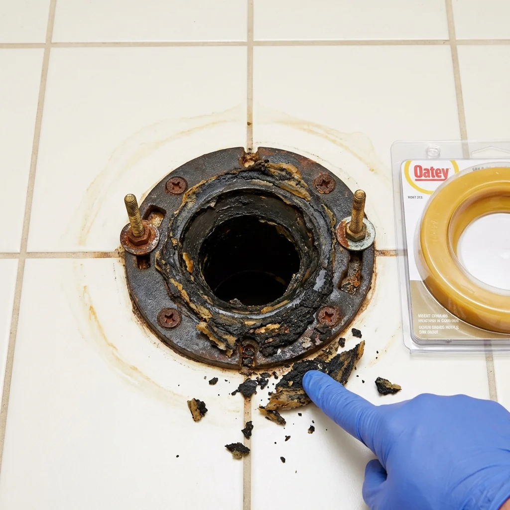 Failed wax ring showing water seepage at the base of a toilet in a Lake Crystal, MN home