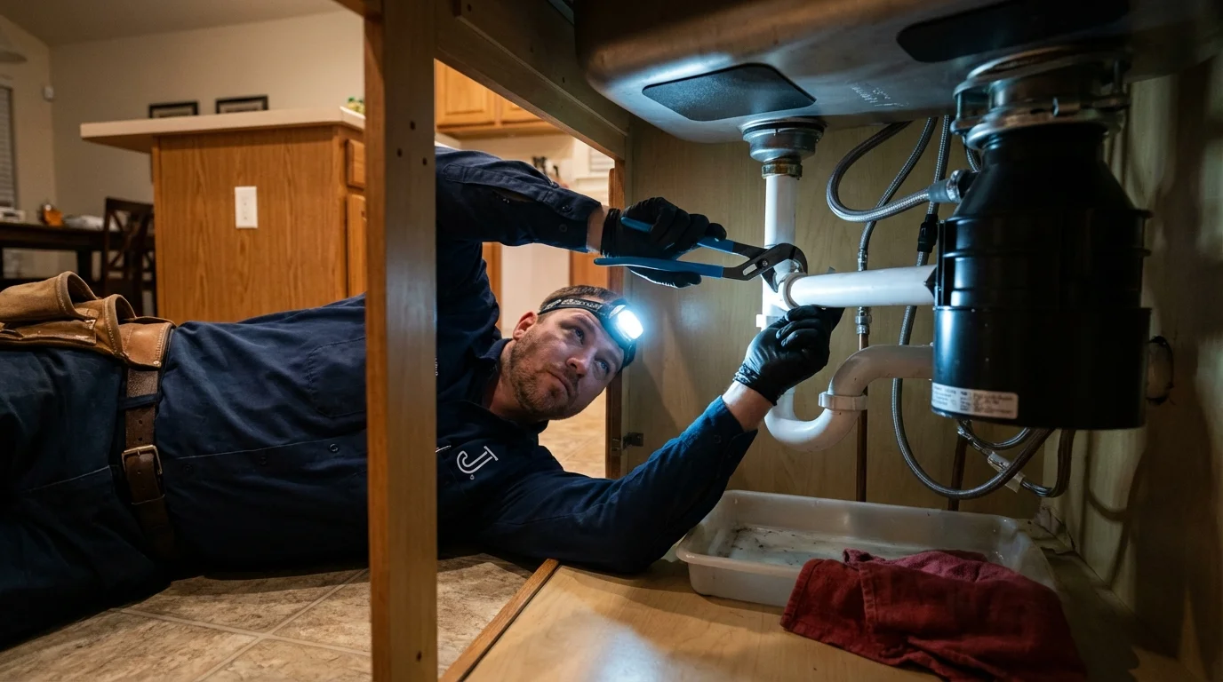 P-trap and supply line connections under a kitchen sink showing a common leak point in Lake Crystal, MN